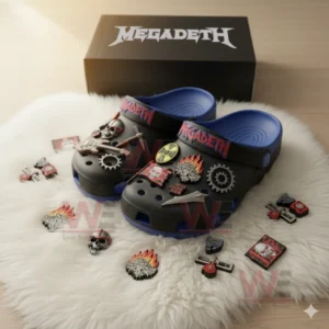 Megadeth Band Crocs Crocband Clogs With Charms 5 Alt text: Megadeth-themed Crocs with various heavy metal charms inside a box.