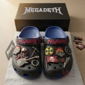 Megadeth Band Crocs Crocband Clogs With Charms 6 Alt text: Close-up of Megadeth-themed Crocs with metal-inspired charms inside a box.