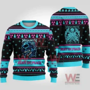 A black sweater with bright blue and pink patterns featuring band artwork on the front and back!