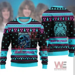 Megadeth Rust In Peace Ugly Christmas Sweater 5 A festive sweater with blue and pink patterns and band graphics on both sides!