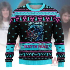 Megadeth Rust In Peace Ugly Christmas Sweater 6 Front view of a black sweater with a blue skull graphic and bright patterned rows!
