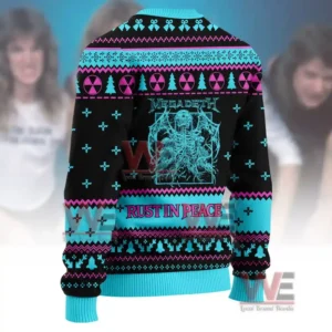 Megadeth Rust In Peace Ugly Christmas Sweater 7 Back view of a black sweater with a skeletal graphic and bright patterned accents!