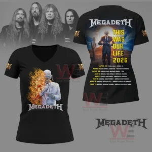 Black womens shirt with fiery character artwork on the front and two thousand twenty six tour dates on the back.