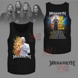 Megadeth this is Our Life 2026 Tour date Shirt 7 Black tank top with fiery character on the front and tour schedule on the back.