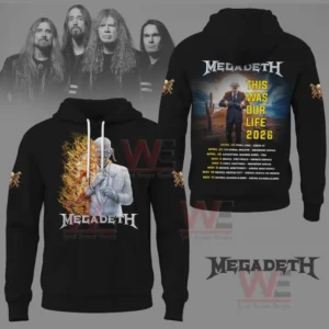 Megadeth this is Our Life 2026 Tour date Shirt 8 Black hoodie with fiery character art on front and two thousand twenty six tour dates on back.