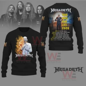 Megadeth this is Our Life 2026 Tour date Shirt 9 Black sweater with fiery character on front and desert themed tour dates on back.