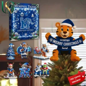 Memphis Tigers Christmas gift set 2025 including mascot plush, tree topper, and ornaments in blue and white theme.