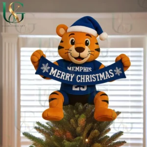 Memphis Tigers mascot plush tree topper holding Merry Christmas banner wearing Santa hat.