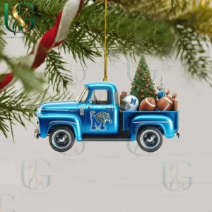 Blue Memphis Tigers truck ornament carrying gifts and Christmas tree hanging from tree branch.
