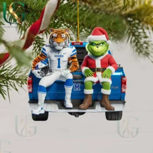 Memphis Tigers mascot and Grinch sitting on blue truck tailgate Christmas ornament.