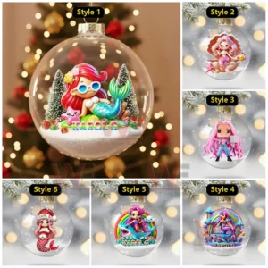 A collage of six clear ornaments showing mermaid themed characters in snowy scenes!