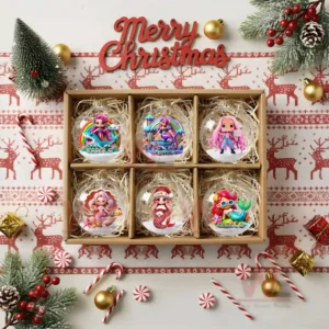 A gift box with six clear ornaments showing mermaid themed characters in snowy scenes!