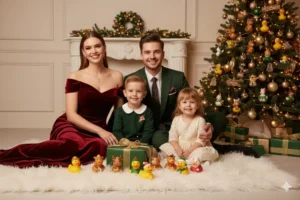 Family Christmas portrait with festive rubber ducks and decorated tree!