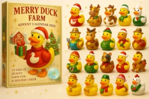Merry Duck Farm advent calendar box with full set of holiday rubber ducks!