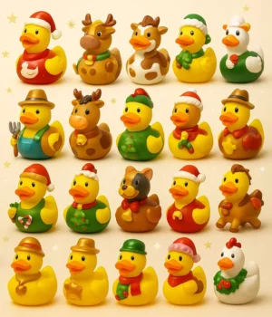 Eighteen Christmas themed rubber ducks displayed on golden background!