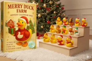 Merry Duck Farm 2025 advent calendar with festive rubber ducks in Christmas scene!
