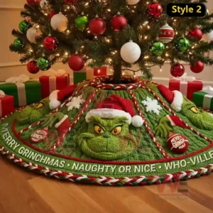A green Grinch themed Christmas tree skirt with raised faces and festive designs under a decorated tree.