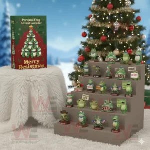 A Portland Frog Advent Calendar Merry Resistmas set displayed with small frog figurines holding resist signs and standing near a Christmas tree in a cozy holiday setting!
