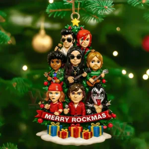 Christmas tree ornament made of cartoon rock musicians with a Merry Rockmas banner and presents at the base.
