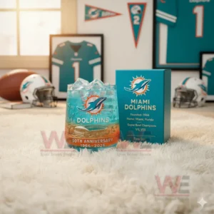 A clear view of a Miami Dolphins anniversary glass with ice standing next to its matching box in a well lit room with team decor!