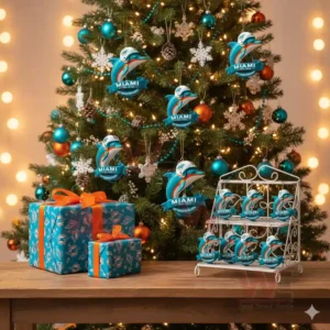 A Christmas tree decorated with Miami Dolphins ornaments beside wrapped gifts and a metal stand holding more dolphin themed decorations.