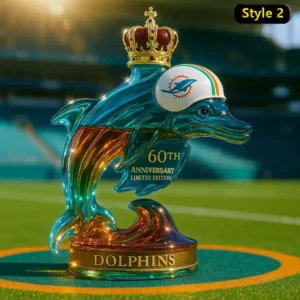 Dolphins 60th anniversary bottle with royal crown design on dolphin shaped glass!