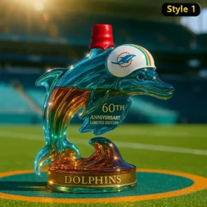 Miami Dolphins 60th anniversary dolphin shaped bottle with red cap on field!