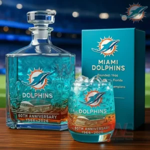 Miami Dolphins 60th Anniversary Whiskey Set 3 Alt text: A Miami Dolphins 60th Anniversary whiskey decanter and glass set with a stadium backdrop, symbolizing the team’s anniversary.
