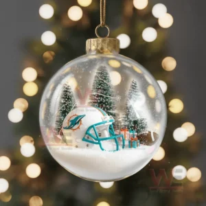 A festive box holding several clear ornaments decorated with team themed snowy designs!