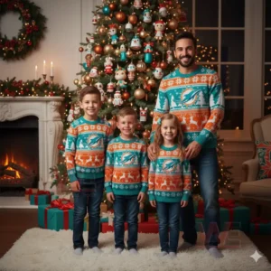 Miami Dolphins NFL Christmas Ugly Sweater 2025 4 Family wearing Miami Dolphins Christmas sweaters posing by a decorated tree with presents and a lit fireplace in the background.