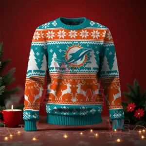 Miami Dolphins NFL Christmas Ugly Sweater 2025 5 Teal and orange Miami Dolphins Christmas sweater with logo snowflakes trees and reindeer design on a red holiday background.