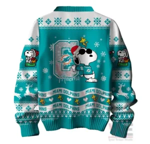 Miami Dolphins Premium NFL Peanuts Snoopy Ugly Sweater 5 Alt text: Close-up of a blue Christmas sweater with Snoopy and Woodstock in winter coats and Miami Dolphins logo.