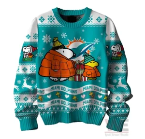 Miami Dolphins Premium NFL Peanuts Snoopy Ugly Sweater 6 Alt text: Close-up of a blue Miami Dolphins Christmas sweater with Snoopy in sunglasses and festive designs.