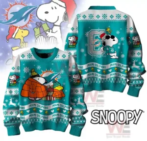 Miami Dolphins Premium NFL Peanuts Snoopy Ugly Sweater 7 Alt text: Front and back views of a blue Christmas sweater with Snoopy and Woodstock in winter coats and Miami Dolphins logo.