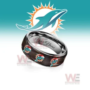 A dark ring decorated with dolphins icons shown in front of a bold team emblem background!
