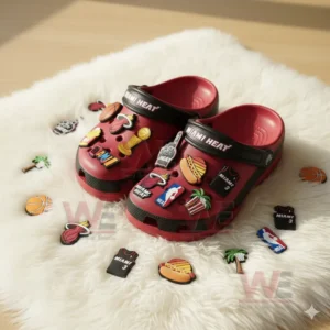 Miami Heat-themed Crocs decorated with basketball-related charms.