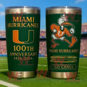 Two commemorative Miami Hurricanes tumblers placed on a football field with anniversary text and mascot artwork in green orange and gold design!