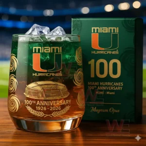 Miami Hurricanes 1926-2026 100th Anniversary Whiskey Glass 5 A close up depiction of a Miami Hurricanes anniversary glass with ice positioned before a themed box with a stadium backdrop!
