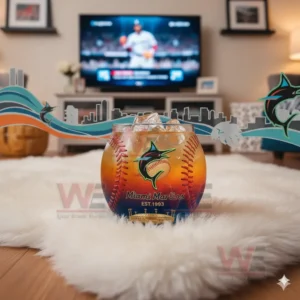 Miami Marlins whiskey glass filled with ice and a colorful drink, set on the floor with a baseball game on the TV in the background.