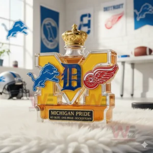 A Michigan Pride bottle with a crown cap and team emblems sits on a white rug in a sports decorated room!