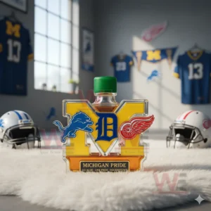 A Michigan Pride bottle with a green cap sits on a white rug surrounded by sports decor!