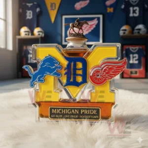 A Michigan Pride bottle with a horse rider cap sits on a white rug surrounded by sports items!