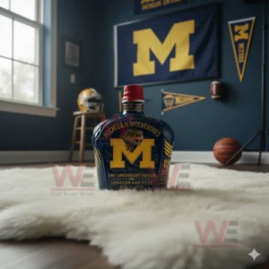 Michigan Wolverines anniversary bottle on white rug with helmet basketball and team decor!