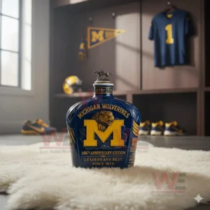 Michigan Wolverines anniversary bottle on white rug in locker room setting!