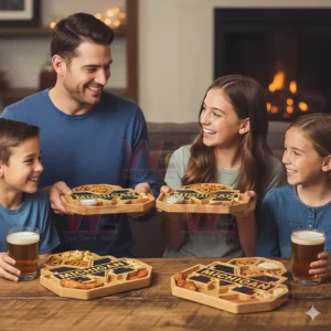 Michigan Wolverines Heritage Platter Board 3 A family enjoys assorted snacks on wooden trays with a team design while spending time together indoors!