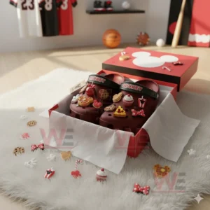 Red clogs with playful themed charms displayed in an open red box on a white furry mat!