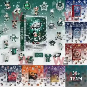 An assortment of 2025 NFL team Advent Calendars featuring Mickey Mouse Christmas designs for over thirty different football teams decorated with themed ornaments!