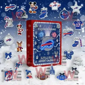 NFL Football Team Advent Calendar 2025 33 A Buffalo Bills Advent Calendar 2025 featuring Mickey Mouse decorations and holiday themed team ornaments arranged in a snowy setting!