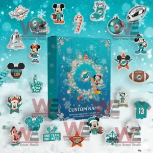 NFL Football Team Advent Calendar 2025 34 A Miami Dolphins Advent Calendar 2025 with Mickey Mouse Christmas figures and colorful football themed ornaments arranged in the snow!
