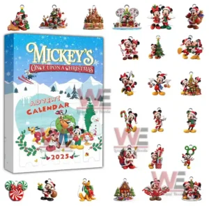 Alt text: A Mickey's Once Upon a Christmas Advent Calendar with collectible figurines of Disney characters in festive attire.